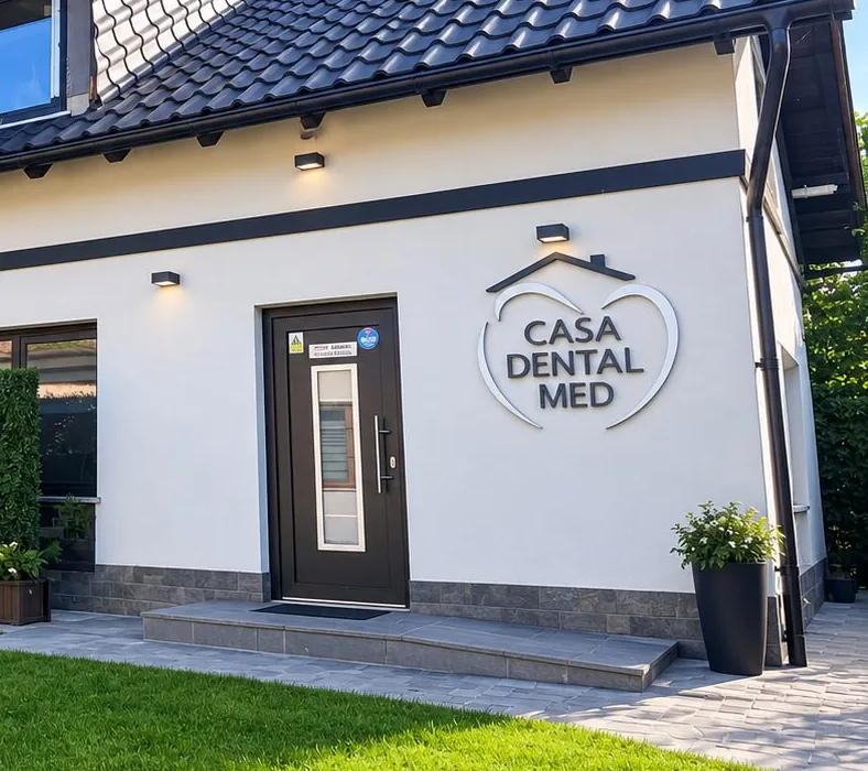 Intrarea în Casa Dental Med: ușa neagră și sigla cabinetului pe fațada albă.